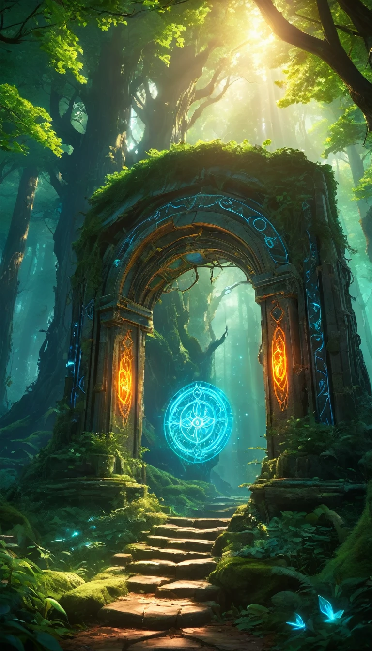 (anime, fantasy, portal),(best quality, highres, HDR:1.2),vibrant colors,mysterious atmosphere,magical portal,mystical creatures,enchanted forest,glowing runes,ethereal light,fantastical landscapes