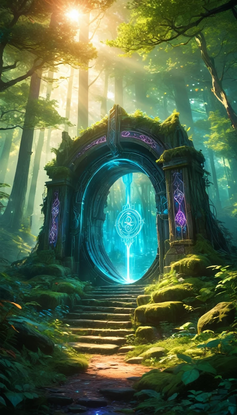 (anime, fantasy, portal),(best quality, highres, HDR:1.2),vibrant colors,mysterious atmosphere,magical portal,mystical creatures,enchanted forest,glowing runes,ethereal light,fantastical landscapes