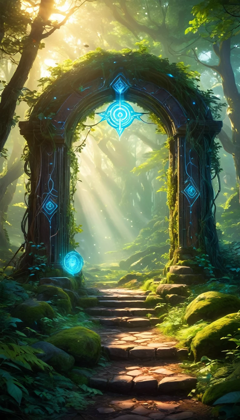 (anime, fantasy, portal),(best quality, highres, HDR:1.2),vibrant colors,mysterious atmosphere,magical portal,mystical creatures,enchanted forest,glowing runes,ethereal light,fantastical landscapes