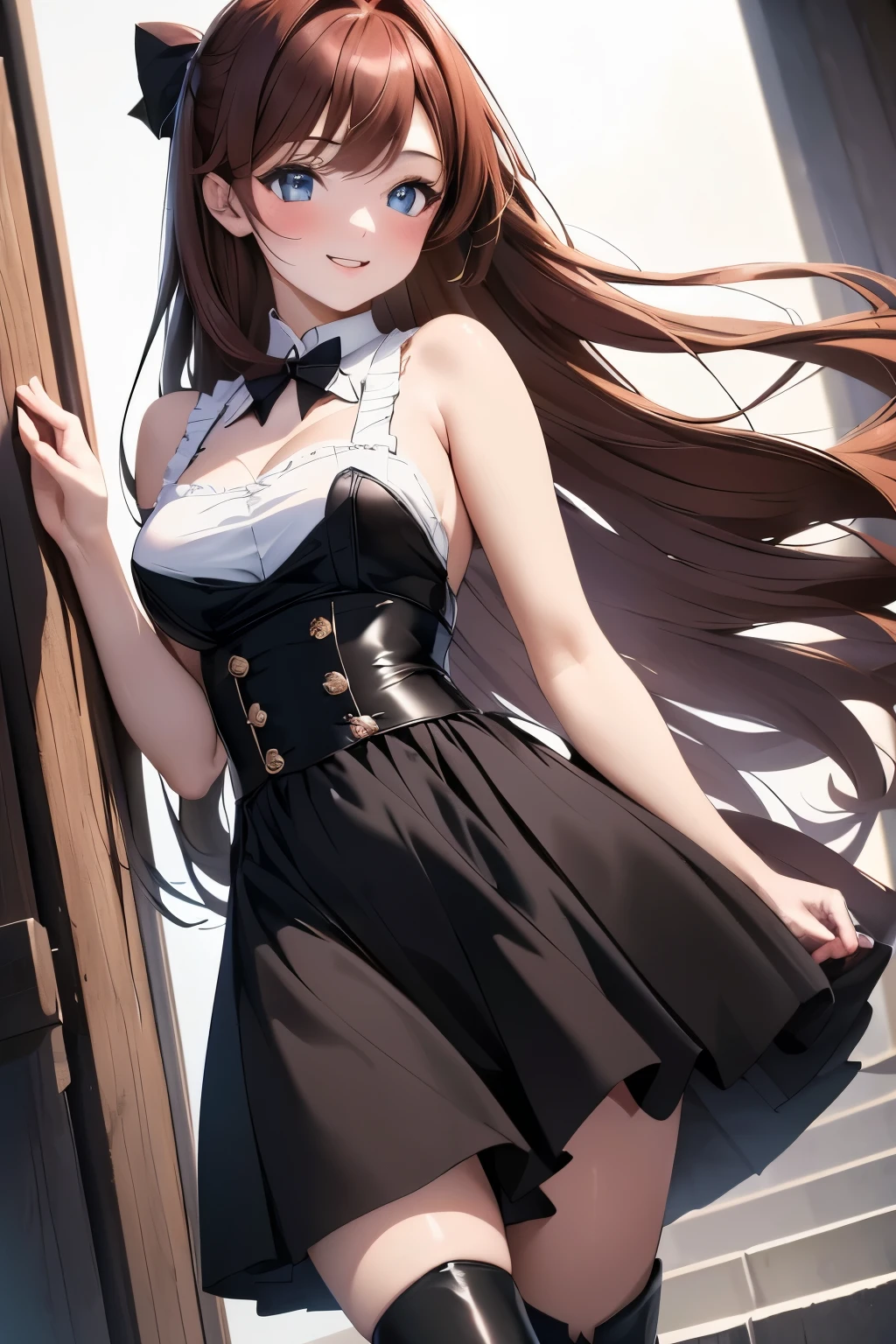 ((masterpiece, Highest quality, High resolution, 超High resolution, Pixel Perfect, Wide-angle, 4K, RTTX 10.0, Human Development Report))), One Girl, single, alone, beauty, View the whole body, (( Reddish brown hair, Very long hair, Short Liuhai)), ((blue eyes, Beautiful eyelashes, Realな目)), ((Detailed face, blush:1.2)), ((Smooth texture:0.75, Real质感:0.65, Real:1.1, Anime CG style)), Medium chest, Perfect body, ((Low Cut Maid Costume, Exposing shoulders, black tights, Black boots)), smile, Go down the stairs, (The wind blows her long hair,Exposing shoulders、black tights、Black boots)