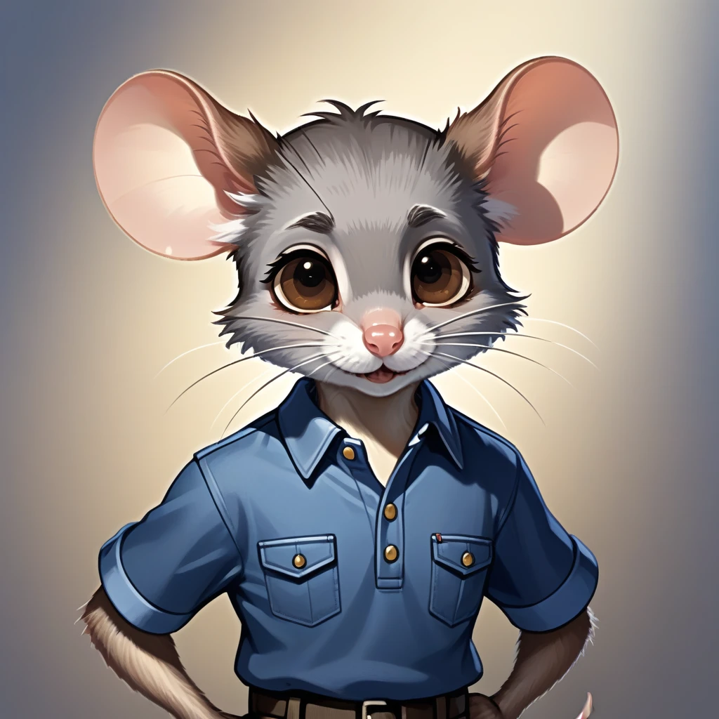 Create an image of an anthropomorphic mouse with the following human facial features:
- Large, expressive brown eyes - Dark, well-defined eyebrows - Wide, friendly smile - Light beard on the face - Thin, straight nose - Mouse ears, but with a human touch Dark blue polo shirt Jeans Black combat boots