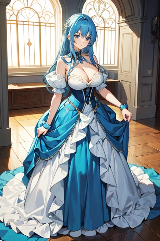 A blue-haired blue-eyed age girl, with big breasts but not too large, wearing a silver-blue gown, background is a ballroom