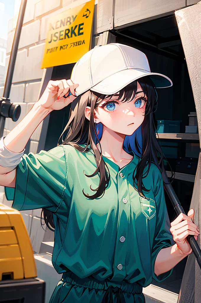 [[[[[1 female]]]]] Close up, only upper body visible, portrait, 1 female, cleaner concept, cleaner clothes, green clothes, Clothes that reach up to the neck, jumpsuit, plain clothes, hat, wearing a baseball hat, looking bored, looking tired, blue eyes, Holding a mop on the floor