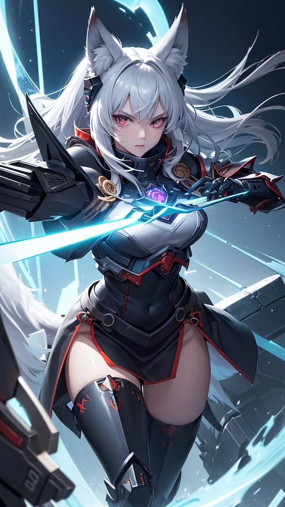(bright colors, Cinematic feel, Add details, extreme details, sharp focus), steel knife, The blade is long and curved, The sharp edges shed an icy blue light. Runes are engraved on the base of the sword, whole body (close up), (full black) Armed mecha wolf girl (Luxury, bright, Noble Queen, war girl), fair, Imperial sister, oriental girl, Express (domineering) condescending, Mecha Wolf Fang Helmet, shawl, 8k, attack action, Permanent (Feet open), damaged (Urban),