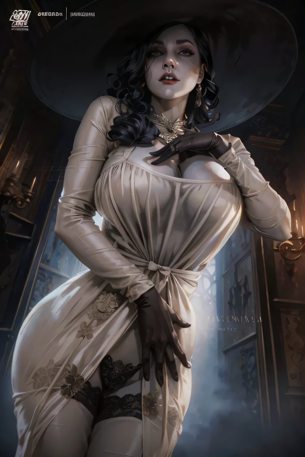 a close up of a woman in a white dress and a hat, elegant victorian vampire, lady dimitrescu, victorian vampire, fantasy victorian art, portrait of a lady vampire, elegant lady with alabaster skin, carmilla vampire, style ivan talavera and artgerm, elegant horror artwork, gothic fantasy art, gothic maiden, baroque digital painting, art cover illustration