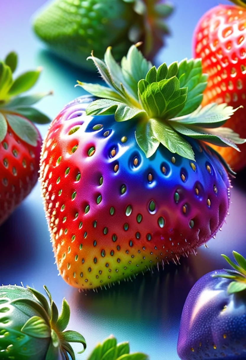 A rainbow strawberry. Visualize a ripe, juicy strawberry that showcases all the colors of the rainbow from red, orange, yellow, green, blue, indigo to violet. Each segment of color should blend seamlessly into the next, creating an enchanting sight that is both surreal and delightful. The details of the strawberry, such as its seeds and leafy crown, should be realistic and sharp against the vibrant, gradient hues. Imagine the fruit sitting against a minimalistic background that allows the colors to truly pop.