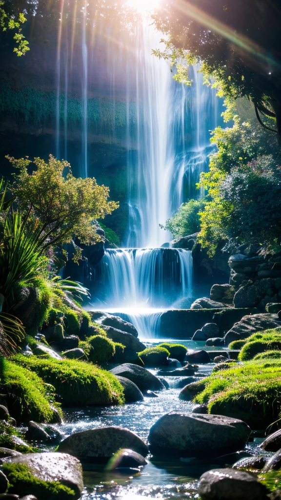 A chaotic waterfall flowing in a quiet and beautiful landscape, ray tracing, detaileded reflections, complexity, high detailed, Drama, A masterpiece of the highest quality, photorealism, detailed, 8K, HDR, Backlight, Hello, flash, chromatic aberration, sharp focus