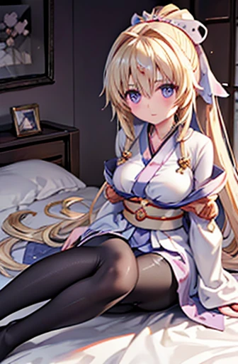 Jeanne、神風怪盗Jeanne、blonde、Long Hair、((Mini Kimono))、Picture below、Large Breasts、Bedroom、((pantyhose))、ponytail