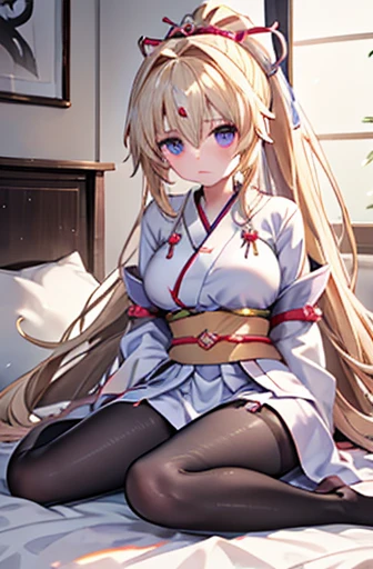 Jeanne、神風怪盗Jeanne、blonde、Long Hair、((Mini Kimono))、Picture below、Large Breasts、Bedroom、((pantyhose))、ponytail