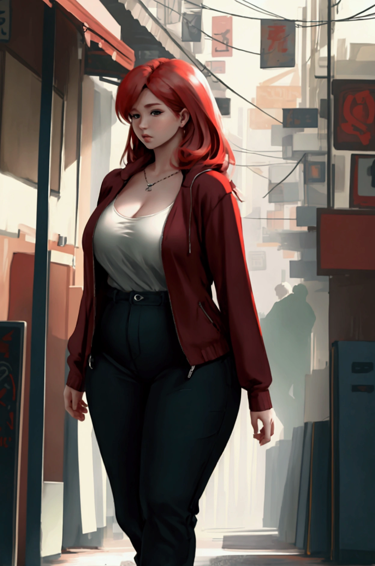 woman, adult, red hair, chubby body, modern clothes