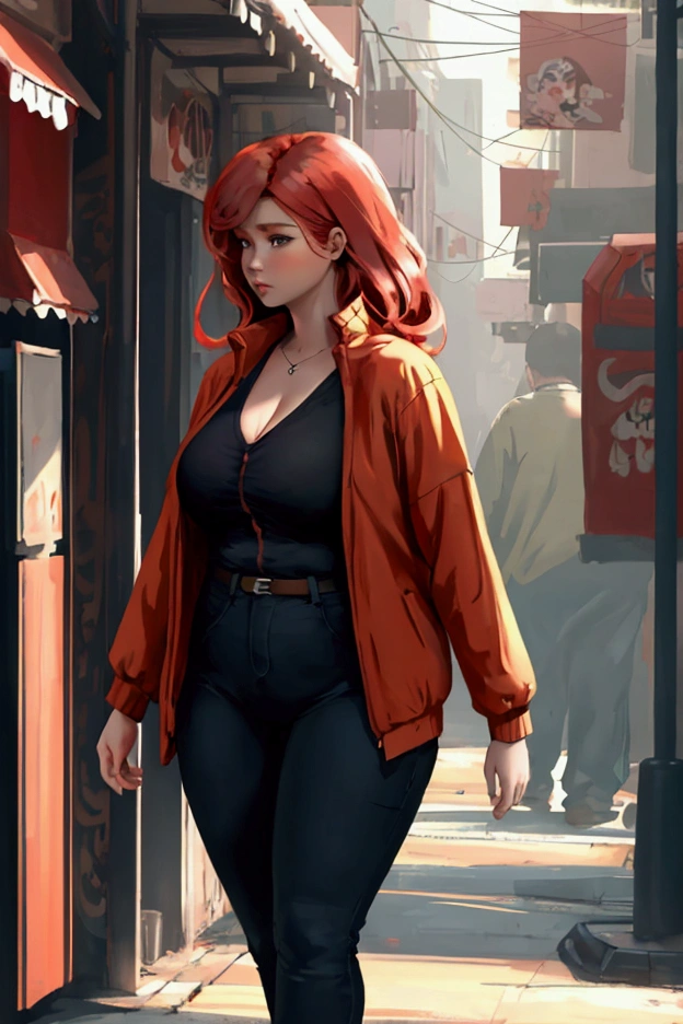 woman, adult, red hair, chubby body, modern clothes