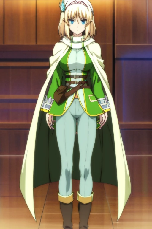 Kanye, anime_style, not_blurry, small_pointed_ears, light_blonde_hair, short_hair, light_blue_eyes, not_blurred_eyes, brown_scarf_with_a_gray_white_stripe_in_the_center, green_shirt_with_long_curls_and_turquoise_stripe_in_the_center, grayish_white_cloak, brown_belt n, blue_pants, gray_brown_high_boots, brown_bow_for_hair, body_not_blurred, face_not_blurred, looking_at_the_viewer, mouth_open+, hypnosis_walk, arms_straight, arms towards the viewer, Mesmerized, inside_an_old_bar