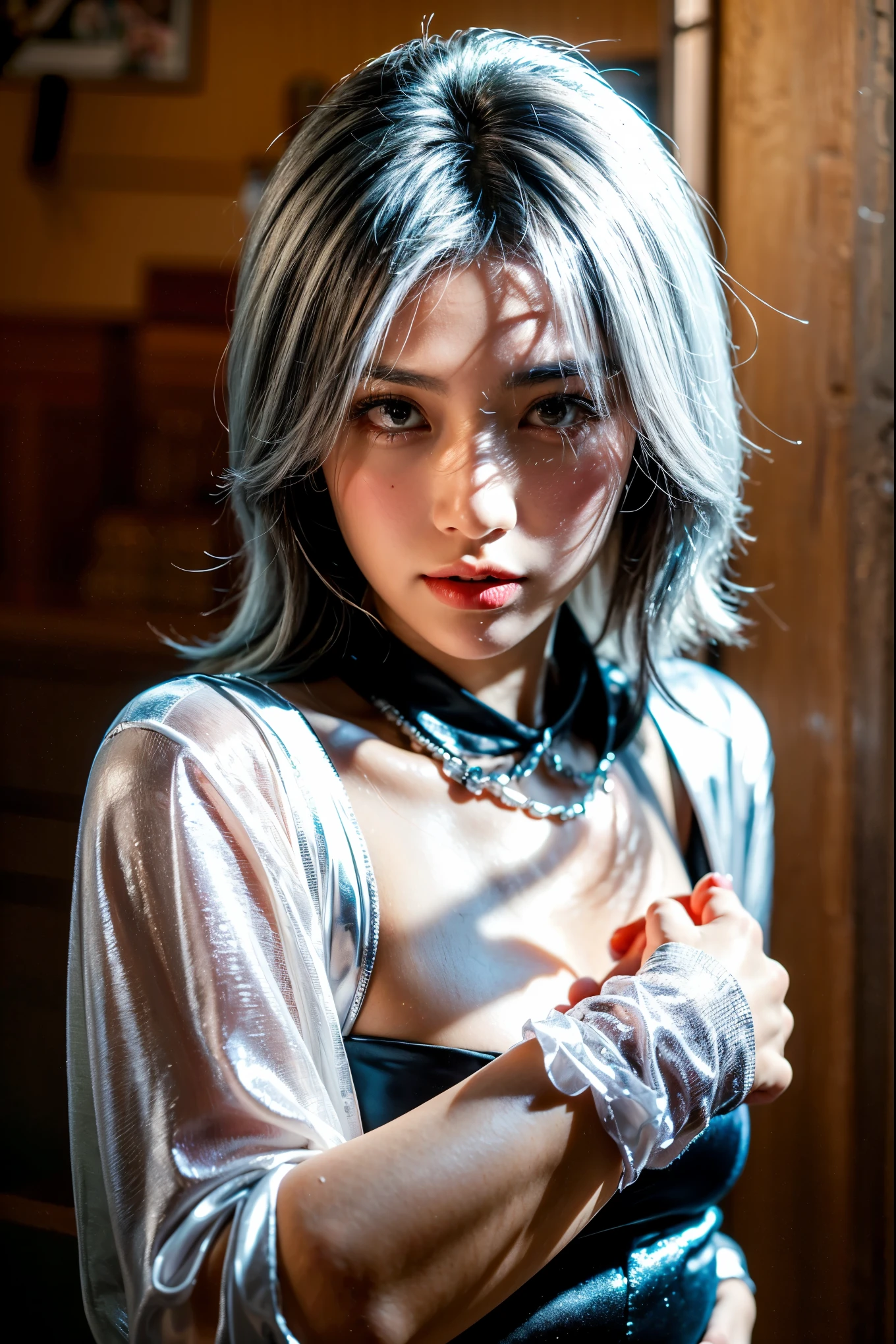 ((best quality)), ((masterpiece)), (detailed), perfect face, silver white hair, black eyes, lips, sexy clothes, realistic, 30 years old, Asian, perfect body, perfect hands, in the desert, full body potrait 