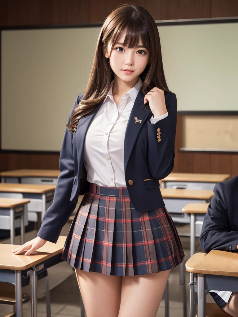 Product quality,1 girl,Cowboy Shot,Front view,Young and pretty girl in Japan,Daytime, ((High school classroom:1.2)),Schoolgirl uniform,blazer,Wearing,Wearing a super short blue plaid pleated micro mini skirt,Super cute face,Glossy Lips,Double eyelids on both eyes,(Natural Makeup),shiny smooth light brown hair with long hair,,Asymmetrical bangs,Center image,8k resolution,Attention to detail,Detailed hairstyle,Detailed face,Cinema Lighting,Octane Rendering,Ultra-realistic,Perfect limbs,Beautiful feet,Voluptuous thighs,Huge breasts,Perfect Anatomy,Bold sexy pose,Gravure idol pose