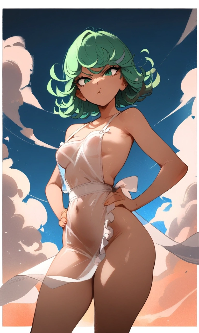 1girl, tatsumaki, one-punch man
\\\\\ masterpiece, best quality, newest ///// nyantcha, khyle, cutesexyrobutts \\\\\ thin waist, solo, cropped legs, angry, dutch angle, naked apron,, transperent, see-through. sky, clouds, outside border, hands on hips, looking at viewer