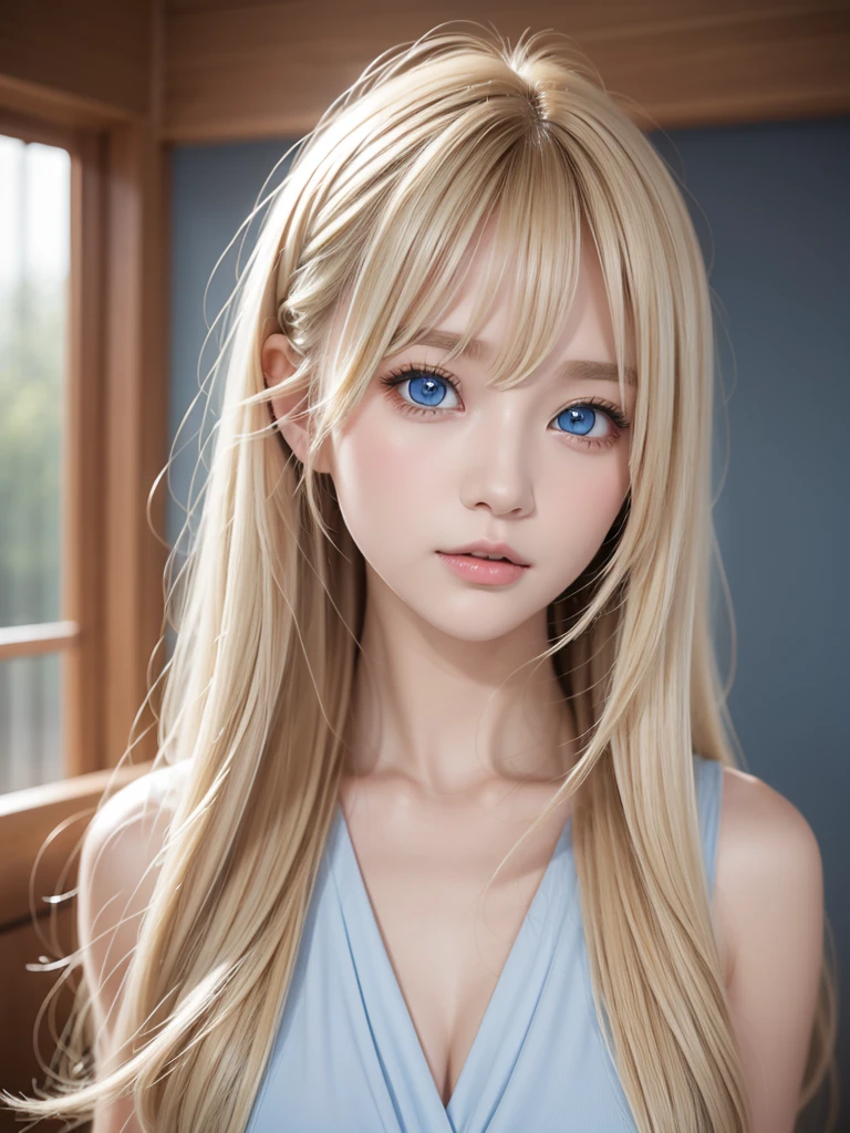 beautiful Scandinavian girl with beautiful bright blonde hair.、セクシーでとてもbeautiful輝くかわいい顔、Beautiful, glowing skin、Mysterious blonde light reflecting dazzlingly、beautiful, Cute and sexy, Large, shining, pale, light blue eyes、Very big eyes、beautiful super long shiny silky blonde hair、Swing your bangs in front of your eyes、セクシーな16歳のかわいいbeautiful女の子、blonde hair above eyes、片blonde hair above eyes、Blonde hair between the eyes、Cheek highlight、Small Face Beauty