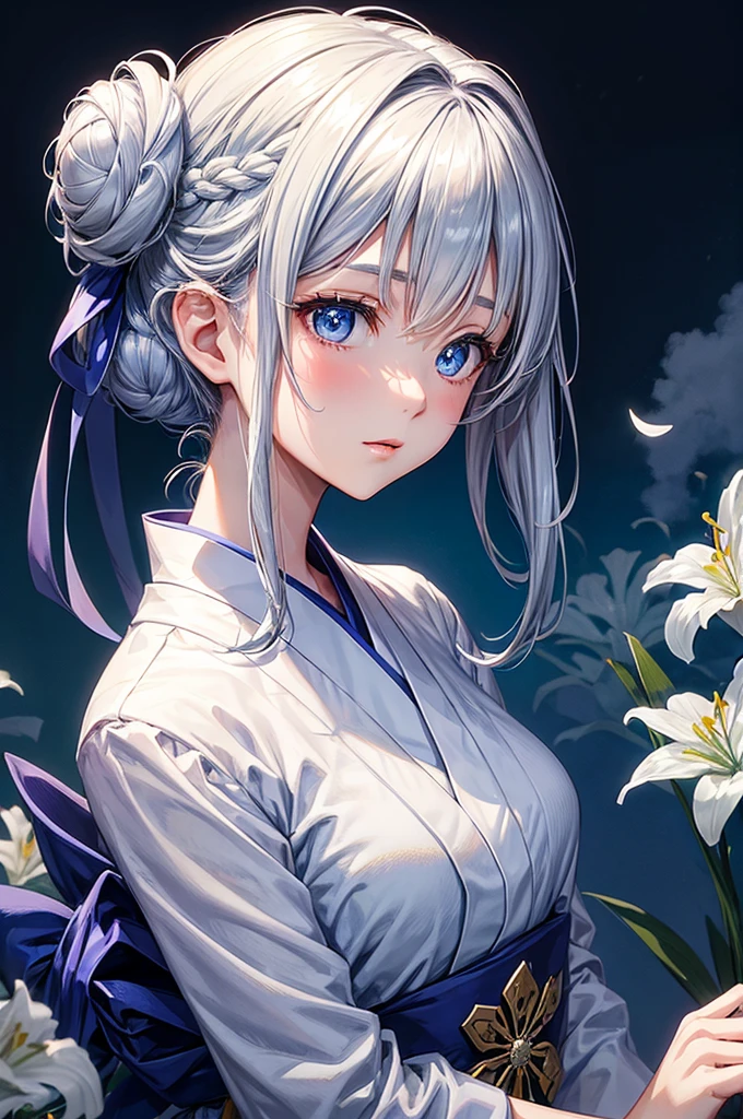 Anime character, half body only, upper body only, half body portrait, posing like a model, good looking, beautiful, full of details, aesthetic, hd, masterpiece art, amazing work. Solo, young girl, hair in bun, part of hair in braid, flower accessories in bun, bluish gray colored hair, Lady, blue eyes, soft smile, elegant look, elegant carrying, white Japanese kimono, blue decoration, Lily flower theme, eyes facing camera, simple background.
