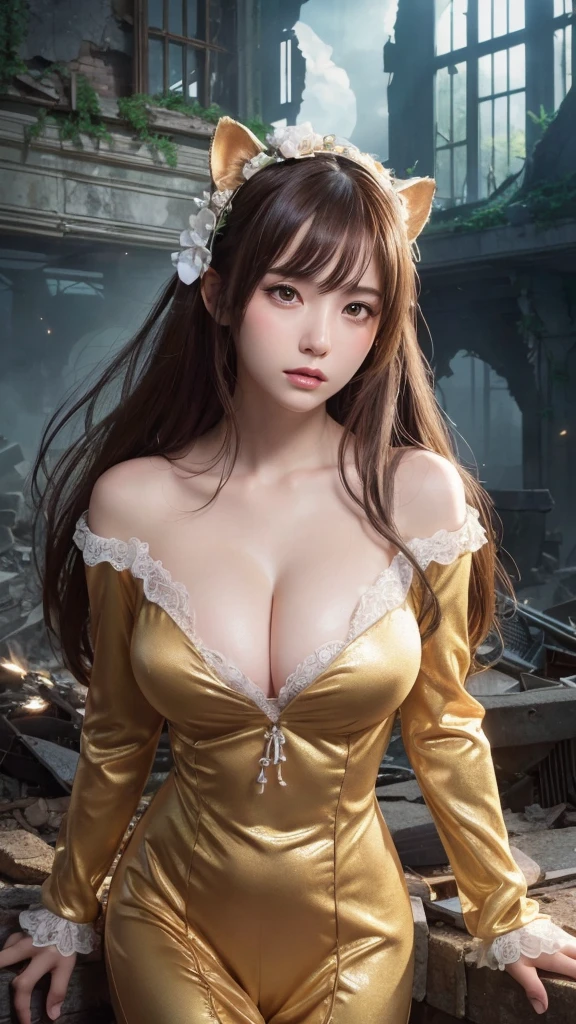 masuterpiece, Best Quality, Illustration, Ultra-detailed, finely detail, hight resolution, 8K Wallpaper, Perfect dynamic composition, Beautiful detailed eyes, Natural Lip, Perfect Beautiful long shiny hair, Dimly lit ruins, wreckage, stuffed animalwear costume, one's clothes, Big breasts, cleavage , Dimly lit ruins
