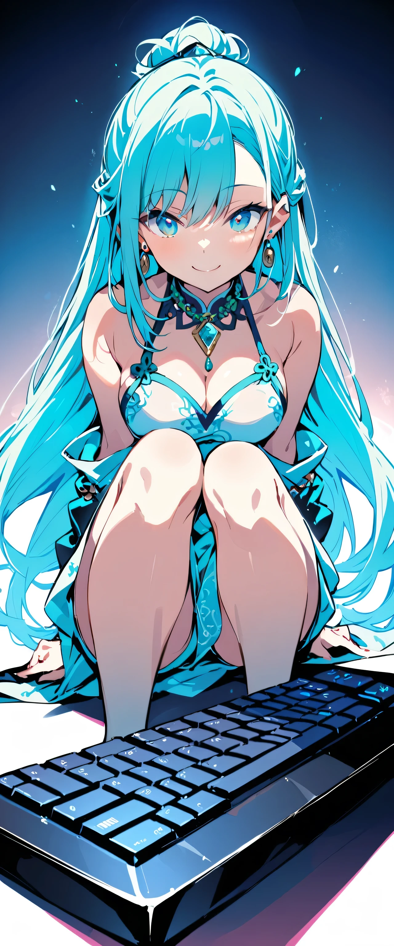 masterpiece, Highest quality, Very detailed, figure,(One girl),Beautiful attention to detail, View your viewers, (Holding a computer keyboard), Happy, (Turquoise Hair:1), (Blue round eyes:1), (Round earrings), (turquoise large gemstone necklace), Cute round face, Long Hair, smile, Fantasy Chinese Clothing