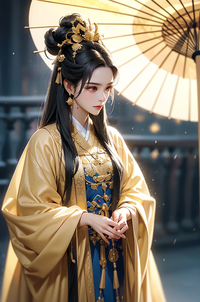 Black Hair, Immortal, Beauty, Royal sister, Stepmother, Gold Yellow Taoist robe, Golden Phoenix Coronet, Hair Bunch, Beautiful , Mature Woman,Sunshine