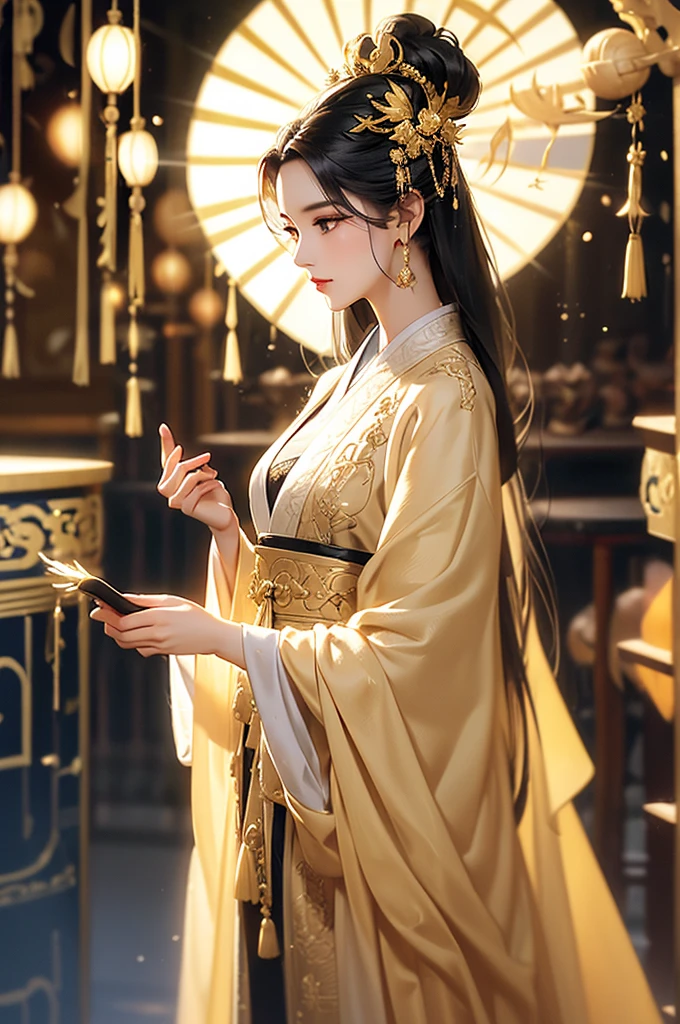 Black Hair, Immortal, Beauty, Royal sister, Stepmother, Gold Yellow Taoist robe, Golden Phoenix Coronet, Hair Bunch, Beautiful , Mature Woman,Sunshine