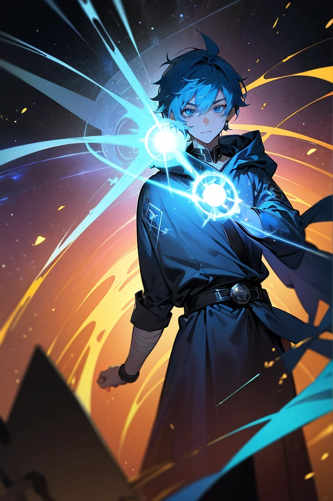 A young man with blue hair and blue eyes, wearing a blue hooded robe, deploying a huge black magic circle, background: distortion of space-time, asteroid belt, a supernova explosion in his hand, a huge compass with runes on it behind him, a sense of speed