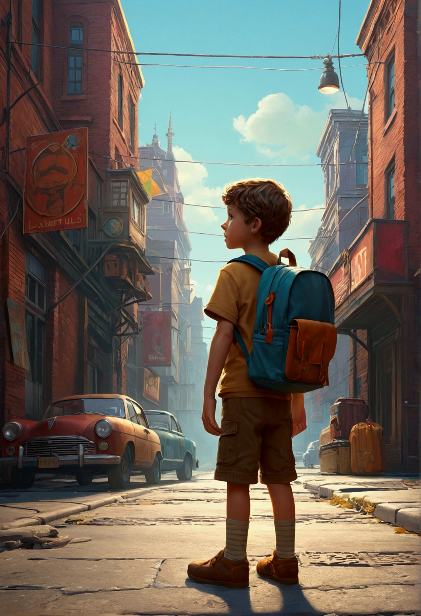 A child with a backpack stands in the street, Art Station Art, Vojtek Fuss, Art that is not Gwise style, Beeple and Tim Hildebrandt, director: Laszlo Balogh, With boys , Beeple and Greg Lutkowski, Single boy concept art, director: Daniel Ljunggren