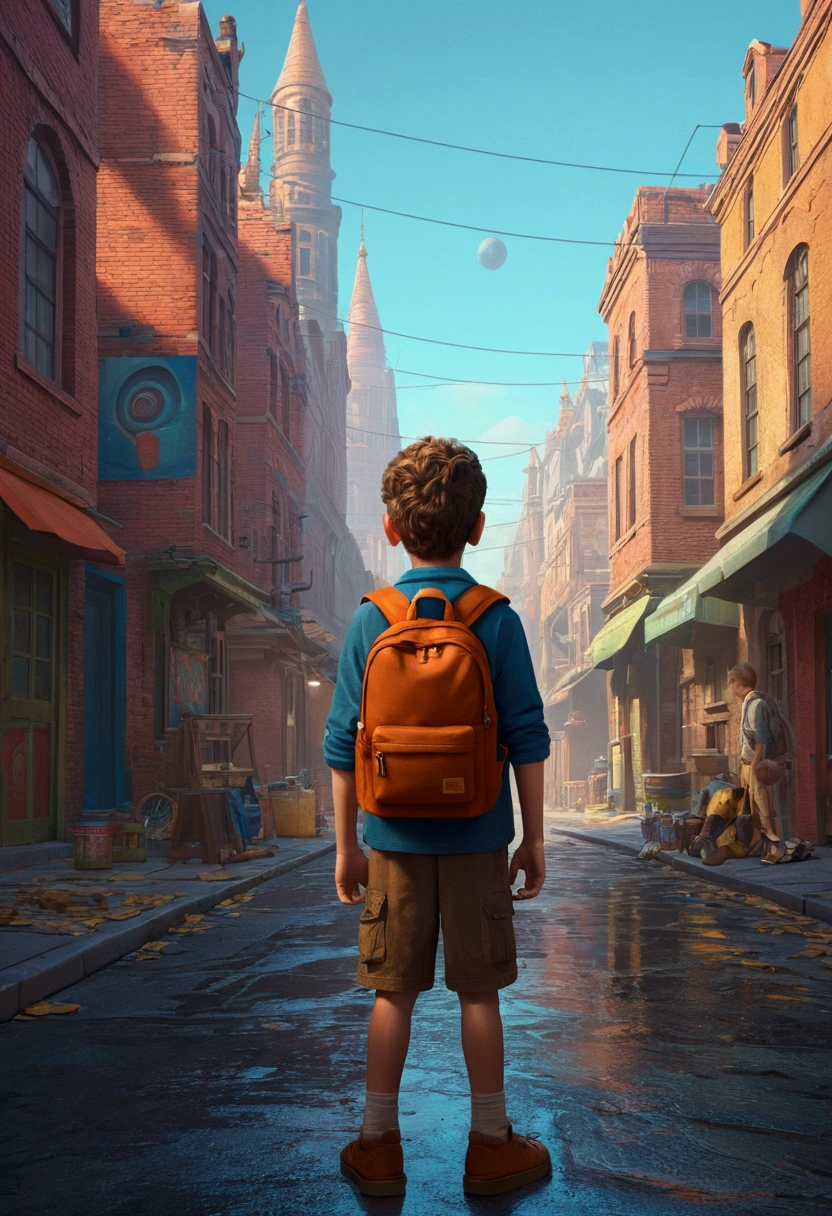 A child with a backpack stands in the street, Art Station Art, Vojtek Fuss, Art that is not Gwise style, Beeple and Tim Hildebrandt, director: Laszlo Balogh, With boys , Beeple and Greg Lutkowski, Single boy concept art, director: Daniel Ljunggren