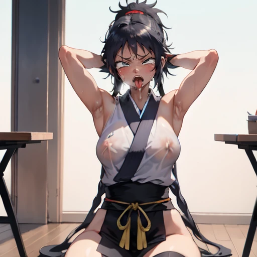 1girl, (ahegao),(muscle1.4), (masterpiece:1.3), (high resolution), (8K), (extremely detailed), (4k), (pixiv), perfect face, nice eyes and face, (best quality), (super detailed), detailed face and eyes, (solo), textured skin, absurdres, highres, wzkomachine, white eyes, Small breasts, sash, bike shorts, short sleeves, bangs, black gloves, fingerless gloves, long hair, black hair,ponytail, japanese clothes, kimono, sitting on floor, looking at viewer,Nipple exposure,Sexy, flirtatious, Solitary, eternity, - Hip vents, No underwear,No eyeballs, Also available in black, low twin braids,Facing the audience, looking at the audience, tired, from below, (Exposed armpit:1.1), ((armpit:1.2)), sexy, Sweating, More and more sweat,(ahegao), (Roll your eyes), Naughty face, blush, open mouth, Sticking out tongue, saliva, Slobber,Skinny, raise arms, (arms above head:1.5)