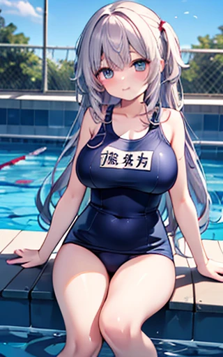 Highest quality, detailed, 8k, 4K, detailed beautiful girl, Highest quality, High resolution, high school girl、Smooth Skin,  outside, Browsing Caution, School swimming pool、Wear a school swimsuit、are outside、Large Breasts