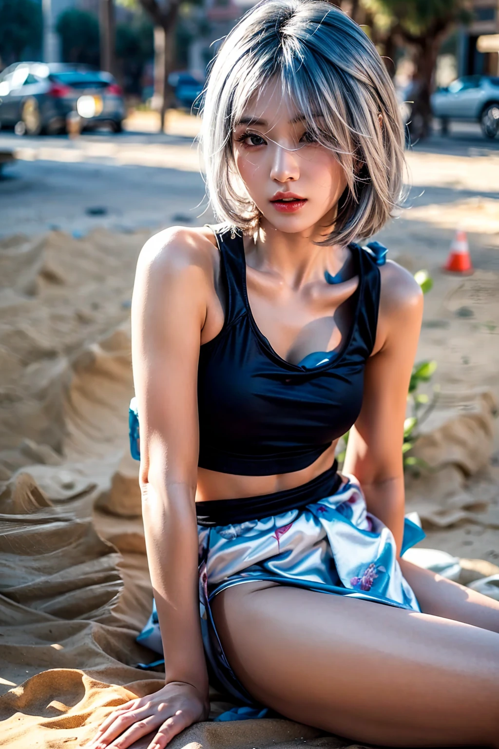 ((best quality)), ((masterpiece)), (detailed), perfect face, silver white hair, black eyes, lips, sexy clothes, realistic, 30 years old, Asian, perfect body, perfect hands, in the desert, full body potrait 