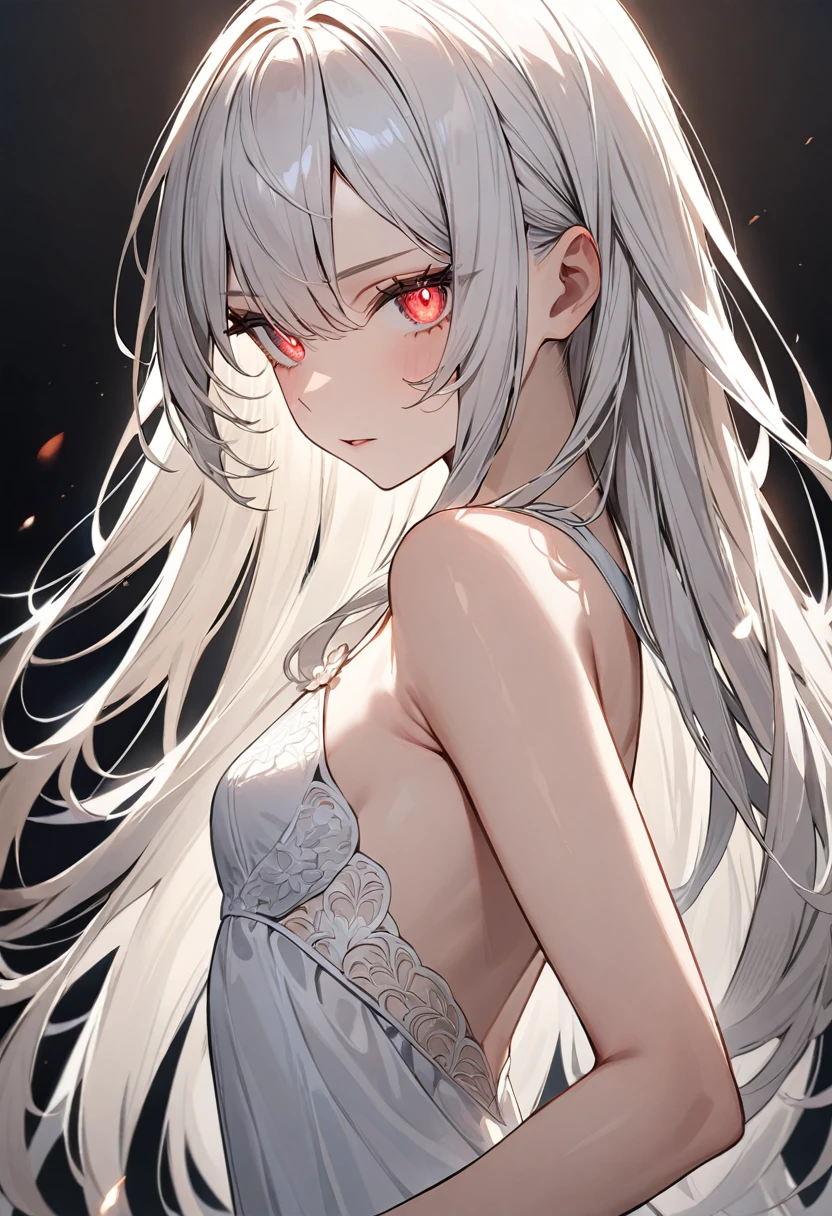 (masterpiece, top quality, very aesthetic, 4k、illustration), intricate detail, 1woman,、solo,contrapposto 、Strong glowing eyes、,(upper body)、、(),beautiful face、from side、clear face、straight hair、red to white gradient hair、,middle hair,sidelock ,レッド　eyes、white Summer Dresses、small breasts、Slim 、dim