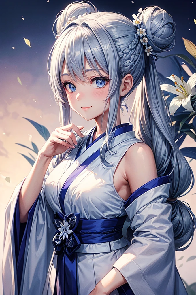 Anime character, half body only, upper body only, half body portrait, posing like a model, good looking, beautiful, full of details, aesthetic, hd, masterpiece art, amazing work. Solo, young girl, hair in bun, part of hair in braid, flower accessories in bun, bluish gray colored hair, Lady, blue eyes, smile, elegant look, elegant carrying, white Japanese kimono, blue decoration, Lily flower theme, eyes facing camera, simple background.