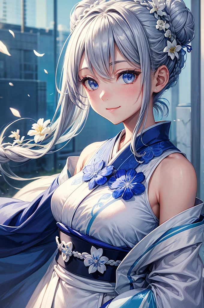 Anime character, half body only, upper body only, half body portrait, posing like a model, good looking, beautiful, full of details, aesthetic, hd, masterpiece art, amazing work. Solo, young girl, hair in bun, part of hair in braid, flower accessories in bun, bluish gray colored hair, Lady, blue eyes, smile, elegant look, elegant carrying, white Japanese kimono, blue decoration, Lily flower theme, eyes facing camera, simple background.