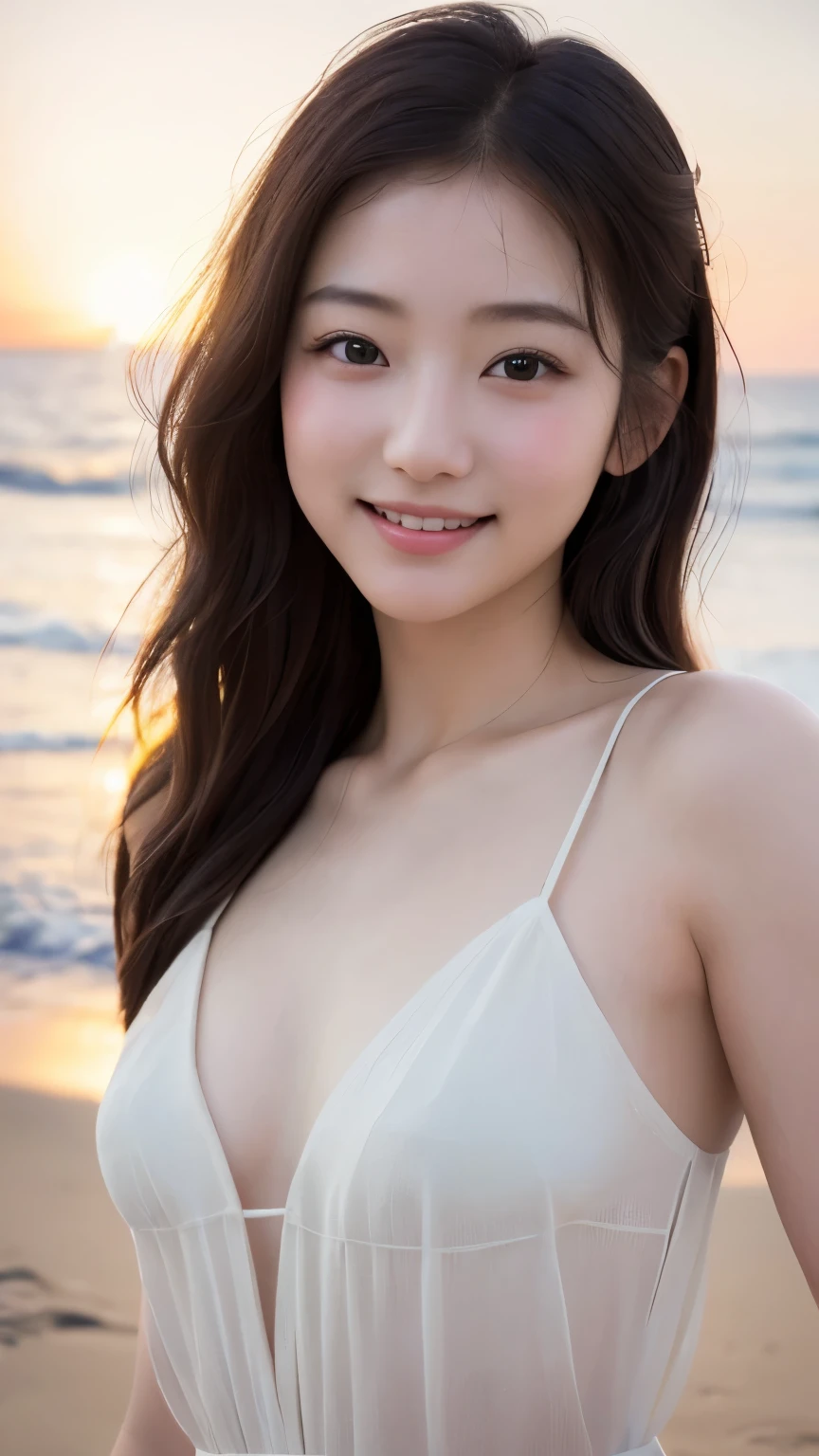 (RAW Photos, Highest quality), (Realistic, Photorealistic:1.3), masterpiece, Very delicate and beautiful, Soft Light, Beautiful detailed girl, (Detailed fingers), 1 girl, Japanese, Pure beauty, cute, young, smile, Beach,sexy