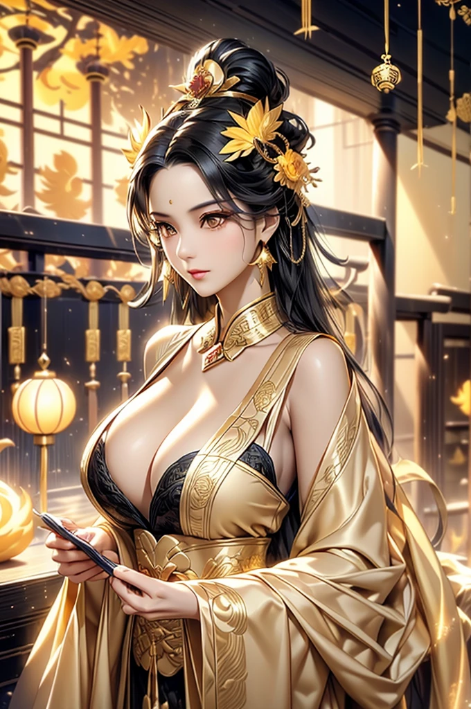 Black Hair, Immortal, Beauty, Royal sister, Stepmother, Gold Yellow Taoist robe, Golden Phoenix Coronet, Hair Bunch, Beautiful , Mature Woman，Sun