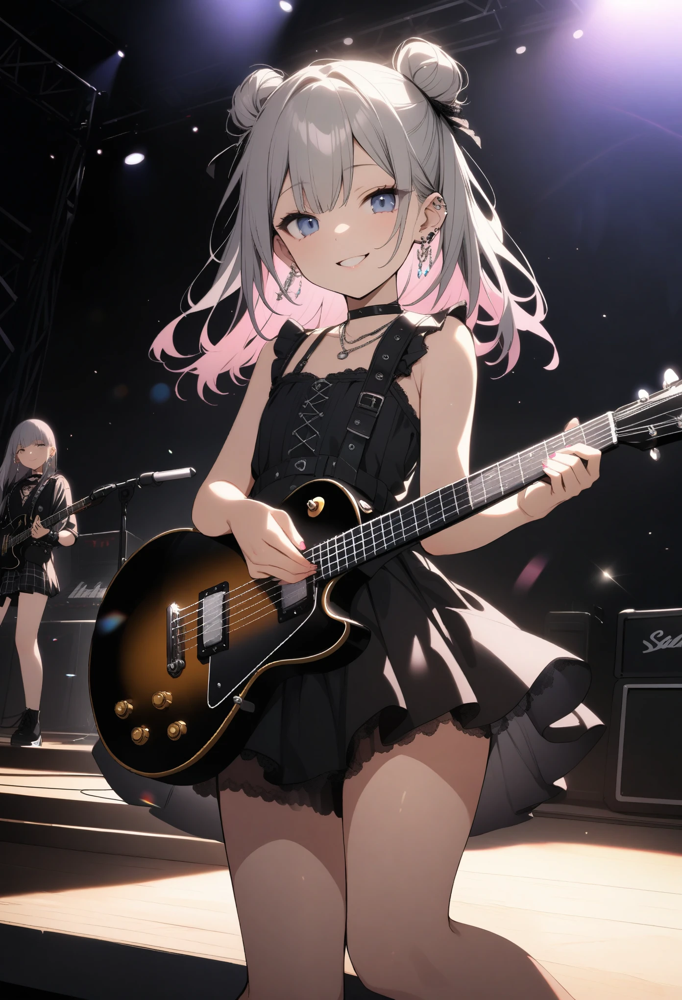 Very cute girl, play the guitar、les paul guitar、((She has some silver earrings in her ears.. Black choker、Black punk fashion))、(Gray hair color、Light pink inner color hairstyle、Hair expressed with a delicate touch), Beautiful Hair, Facial Contour, Remember, Live venue stage, splash, Lens flare、Bright lighting、illumination、Natural Color, High resolution, Very delicate, Very detailed, 8k、Shyness,((Sexual)),((Naughty feelings)),smile、Full body angle