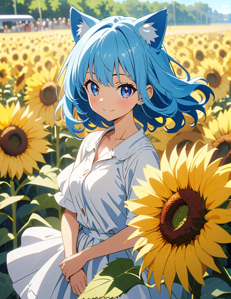 (anime artwork, anime style, studio anime, very detailed, up to date, vibrant, Anime Coloring, high contrast, masterpiece:1.2, best quality, best aesthetics),{{774inc}},{{souya ichika}},{{summer clothes}},1 girl,blue hair,light smile,sunflower park,sexy pose,crowd,cat ear,ultra-detailliert
