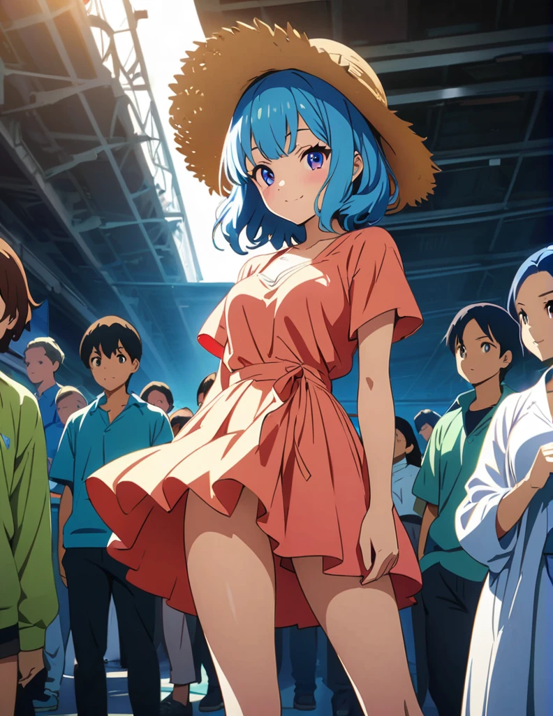 (anime artwork, anime style, studio anime, very detailed, up to date, vibrant, Anime Coloring, high contrast, masterpiece:1.2, best quality, best aesthetics),{{774inc}},{{souya ichika}},{{summer clothes}},1 girl,blue hair,light smile,sunflower park,sexy pose,crowd,cat ear,ultra-detailliert
