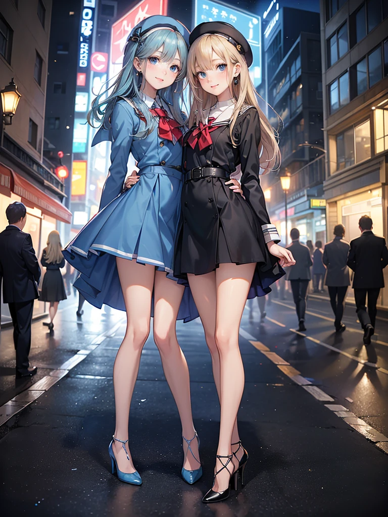 ((Biologically correct limb count)),(( From head to toe,Full-body photo including face)),4K,((Standing position)),masterpiece,((Focus on the face)),((Symmetrical facial features)),Eyes with detailed description,Beautiful woman,Great style,Beautiful arms,Beautiful legs,Beautiful Hands,(Small Ass,Thin thighs),Detailed depiction of the face,Small earrings,necklace,(Will school uniform,dress((High heels))),((Random outdoor night scenes)),(((blue blonde))),Realistic photo,beret,Looking up,Look up,smile