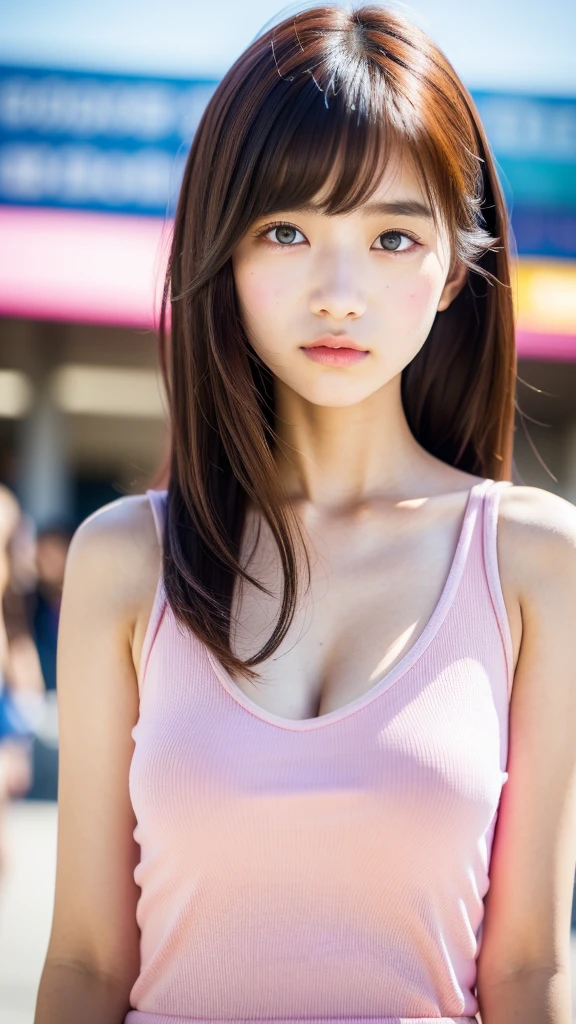 (best quality, 8k, 32k, masterpiece, UHD:1.2), ultra high resolution, (cute idol face Korean teenage girl), (:1.3), solo, long shot, beautiful detailed eyes, semi long brown fluffy hair, bangs, (wearing pink tank-top), large breasts, cleavage, (crowded city boulevard on a bright sunny day:1.3), perfect professional lighting, (detailed background:1.5)