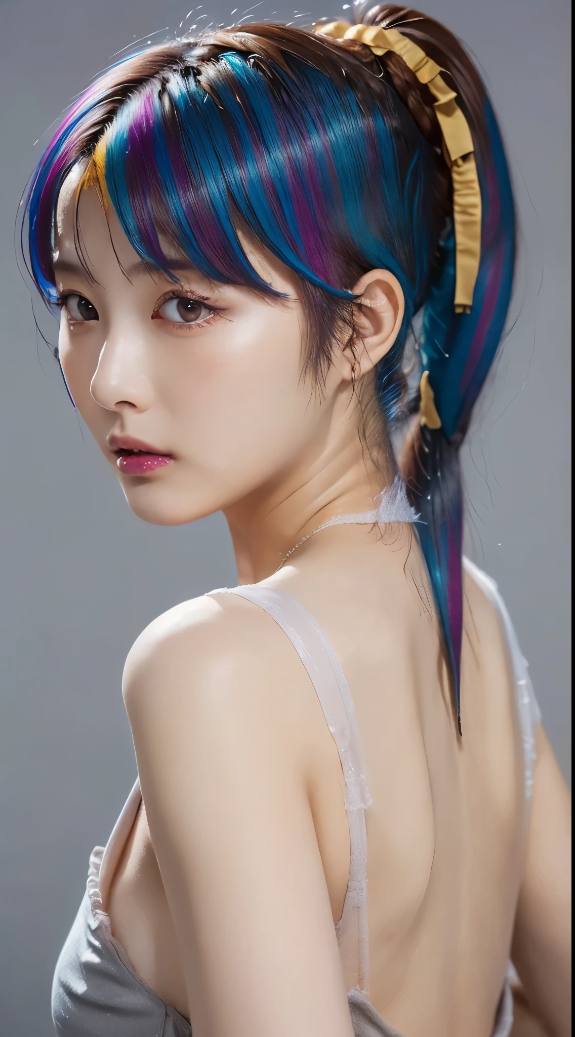 ((Bust up shot:1.6))、One woman、1 photo、((flat and small breasts:1.7))、((sensual look:1.8))、((ID photo:1.4))、((Apply beautiful makeup:1.7))、((A pale cherry-colored lip for moisturized lips:1.5))、((Girl in white strapless negligee:1.5))、((No underwear:1.5))、Natural Shading、((Moist eyes:1.3))、(K-Pop Idols)、Serene and goddess-like beauty、((Slightly parted lips:1.3))、Natural Shading、((((Beautiful chestnut colored hair in a ponytail:1.5))))、((Chestnut-haired Japanese woman)))、(Yin and Yang Expressions:1.5)、masterpiece, Highest quality, 8k, High-definition image quality, (Upper body:1.4), Beautiful girls, Beautiful face, Looking at the audience, Surreal, High resolution, Sharp focus, High resolution, フェイスLight, Dynamic Lighting, Light, Professional Shadow, Simple Background, (Dull grey background:1.4), Highest detail, Very detailed, Ultra-detailed, In detail, Real Skin, Delicate facial features, Detailed face and eyes, Sharp pupils、live action idol