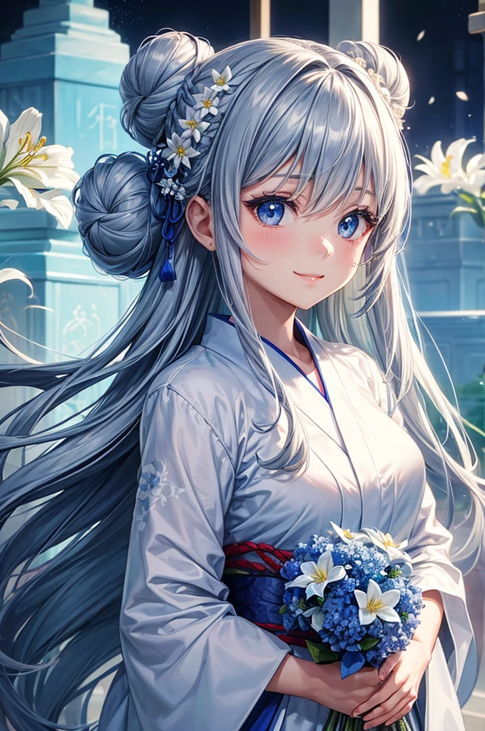 Anime character, half body only, upper body only, half body portrait, posing like a model, good looking, beautiful, full of details, aesthetic, hd, masterpiece art, amazing work. Solo, young girl, hair in bun, part of hair in braid, flower accessories in bun, bluish gray colored hair, Lady, blue eyes, smile, elegant look, elegant carrying, white Japanese kimono, blue decoration, Lily flower theme, eyes facing camera, simple background.