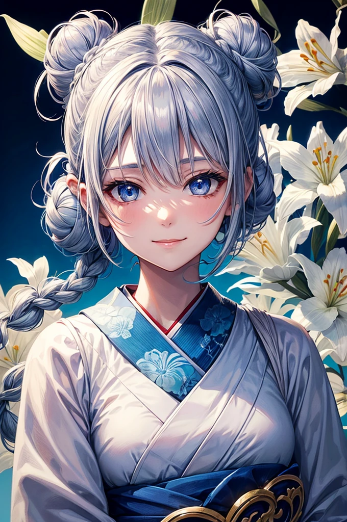 Anime character, half body only, upper body only, half body portrait, posing like a model, good looking, beautiful, full of details, aesthetic, hd, masterpiece art, amazing work. Solo, young girl, hair in bun, part of hair in braid, flower accessories in bun, bluish gray colored hair, Lady, blue eyes, smile, elegant look, elegant carrying, white Japanese kimono, blue decoration, Lily flower theme, eyes facing camera, simple background.