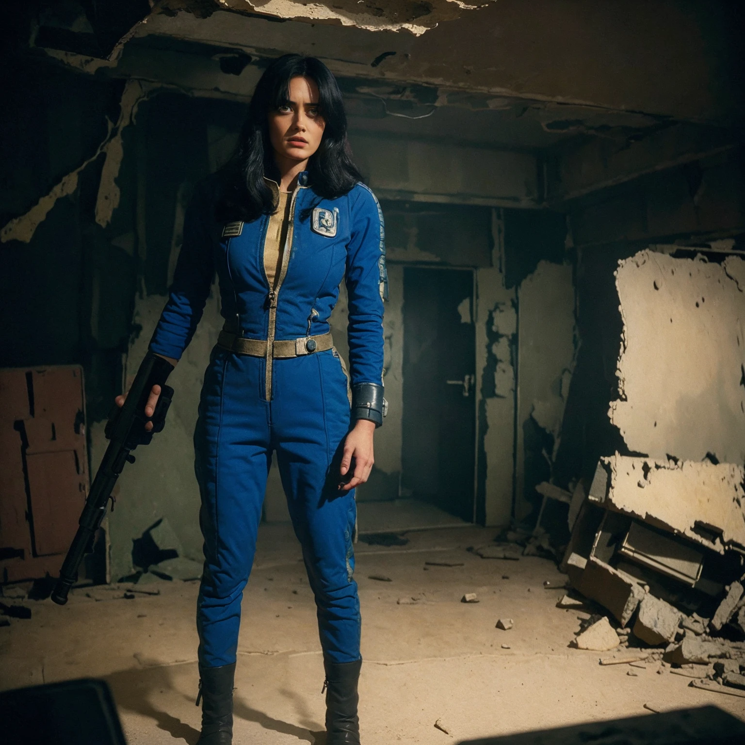 (One person). Fallout TV series. Inside a dimly lit large wreaked smoky room in a post-apocalyptic (casino) in Las Vegas. Vaultsuit Lucy, a 25 year-old vault dweller wearing a blue and gold vaultsuit unzipped top with bloodstains on the t-shirt underneath, her black hair disheveled, with a large ((gun)) in her hand, standing ready to defend herself.  Dark room with smoke and small fires in the rubble. Menacing shadows. Dramatic. Cinematic. realistic colors, realistic, photo-realistic. 