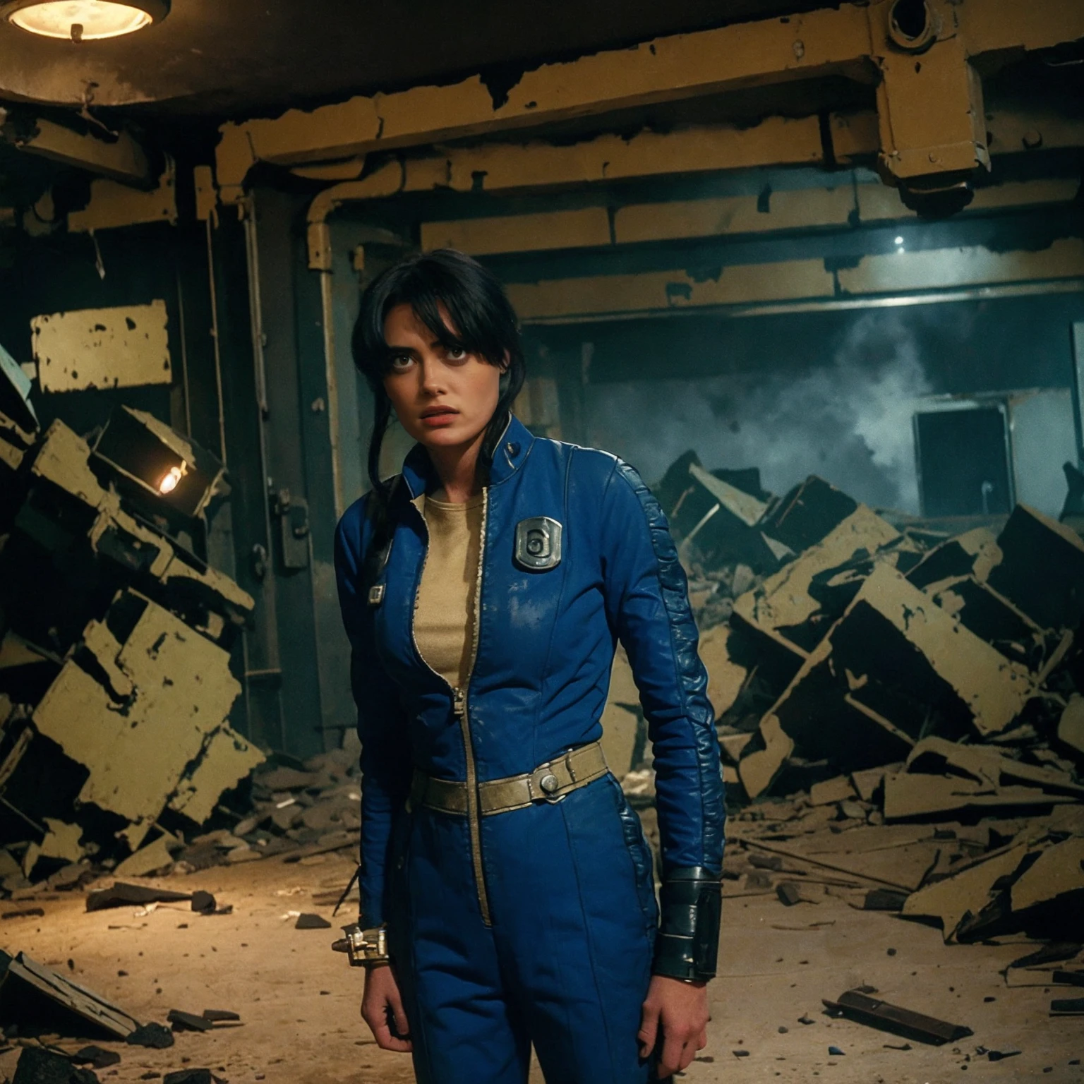 (One person). Fallout TV series. Inside a dimly lit large wreaked smoky room in a post-apocalyptic (casino) in Las Vegas. Vaultsuit Lucy, a 25 year-old vault dweller wearing a blue and gold vaultsuit unzipped top with bloodstains on the t-shirt underneath, her black hair disheveled, with a large ((gun)) in her hand, standing ready to defend herself.  Dark room with smoke and small fires in the rubble. Menacing shadows. Dramatic. Cinematic. realistic colors, realistic, photo-realistic. 