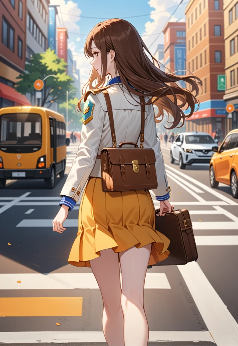 (Pale skin:1.3), Refreshing look, colorful, Her shoulder pads were normal.., masterpiece, Highest quality, High resolution, the young woman wears skirts and a short white jacket and holds a briefcase as she walks across the road, One girl, solo, walk, bag, Long Hair, , From behind, Ground vehicles, skirt, Brown Hair