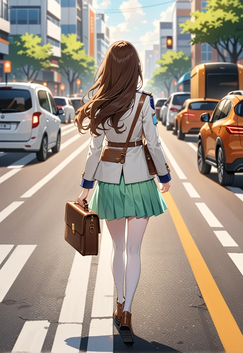 (Pale skin:1.3), Refreshing look, colorful, Her shoulder pads were normal.., masterpiece, Highest quality, High resolution, the young woman wears skirts and a short white jacket and holds a briefcase as she walks across the road, One girl, solo, walk, bag, Long Hair, , From behind, Ground vehicles, skirt, Brown Hair