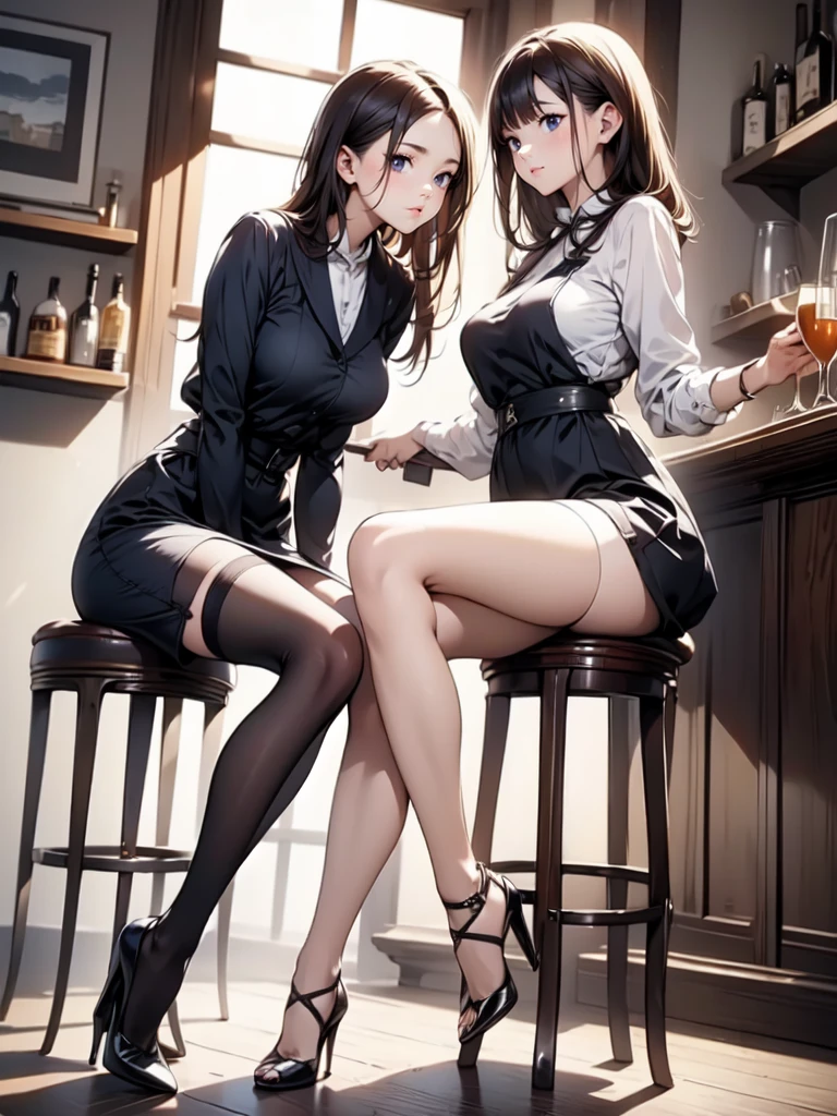 two young 14 year old girls, sitting on a sofa, sitting opposite the viewer, in black underwear, in black stockings, marks from shackles on their hands, unhappy, upset, tired, one of the girls on her knees, beautiful,multiple girls