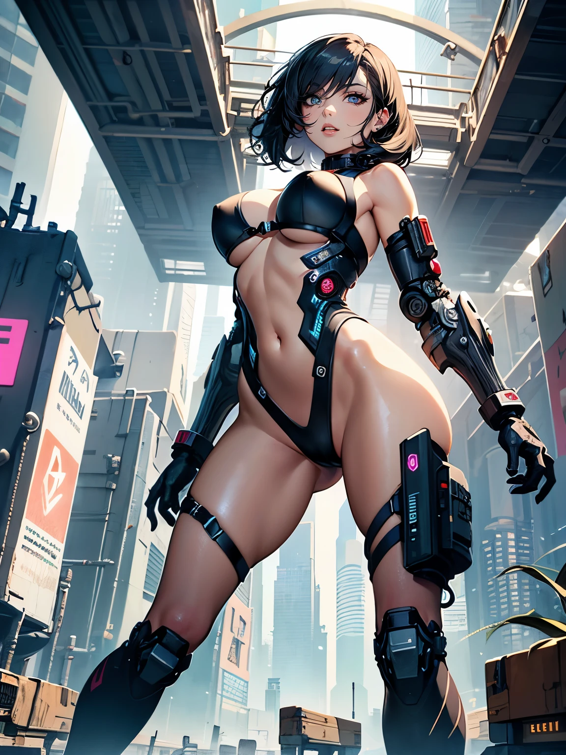 ((seductive anime girl:1.2))、((cyberpunk))、((Futuristic))、Female sexy, Combative posing, Depiction of dense hair, Detailed eye depiction, Sexy body lines, Center, Sharp Focus, large full breasts, Colossal , Costumes with less fabric area, and draw the full body, Low angle perspective, Configuration looking up from below、((Glossy realistic skin texture))、((shiny skin))、((Meticulously drawn hands:1.2))、perfect anatomy、masterpiece, ultra-detailliert, 8k, hiquality, Top image quality, Smooth texture、watercolor